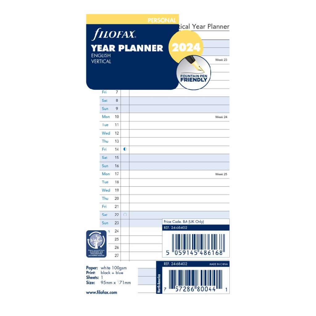 Filofax Vertical Year Planner – Personal 2024 English - Beste